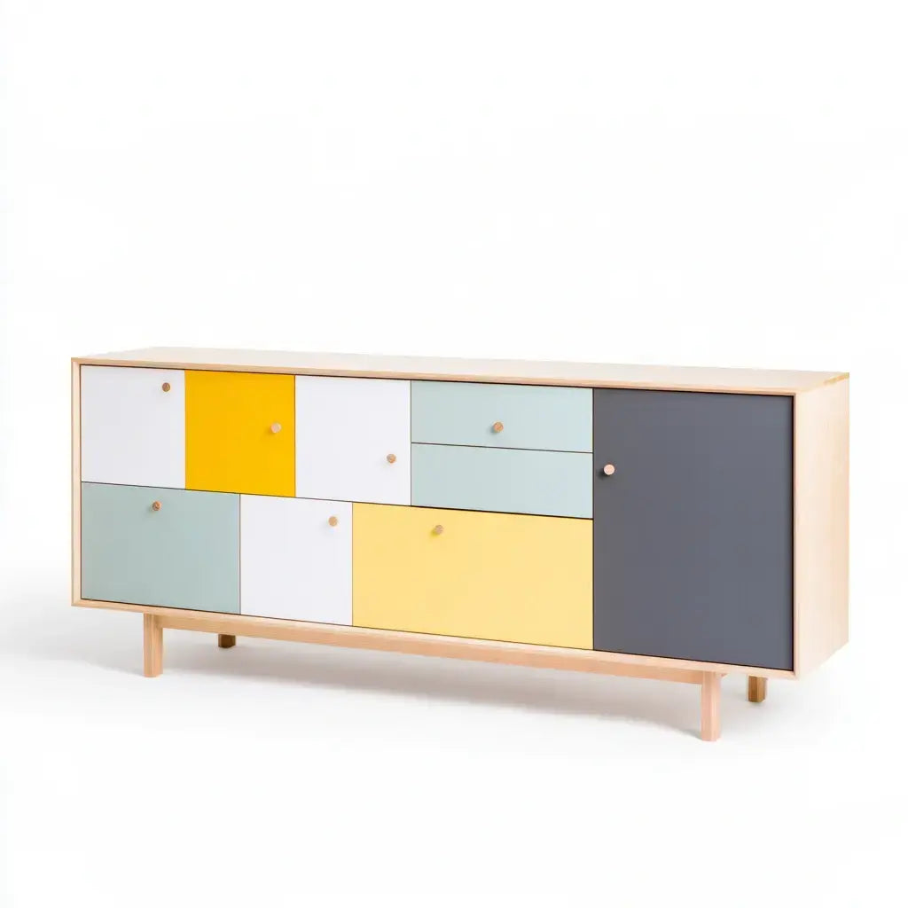 Aparador con frentes geométricos de colores - beige/amarillo/gris
