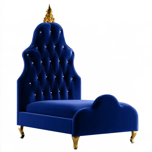 Cama con cabecero ornamental alto de botones - azul/dorado