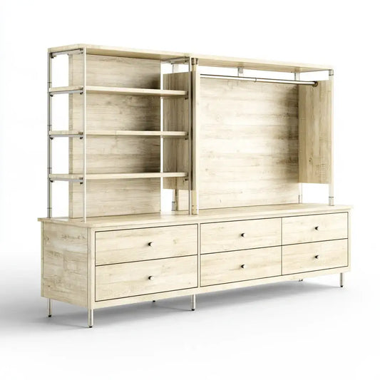 Aparador con estantes superiores y cajones inferiores - beige