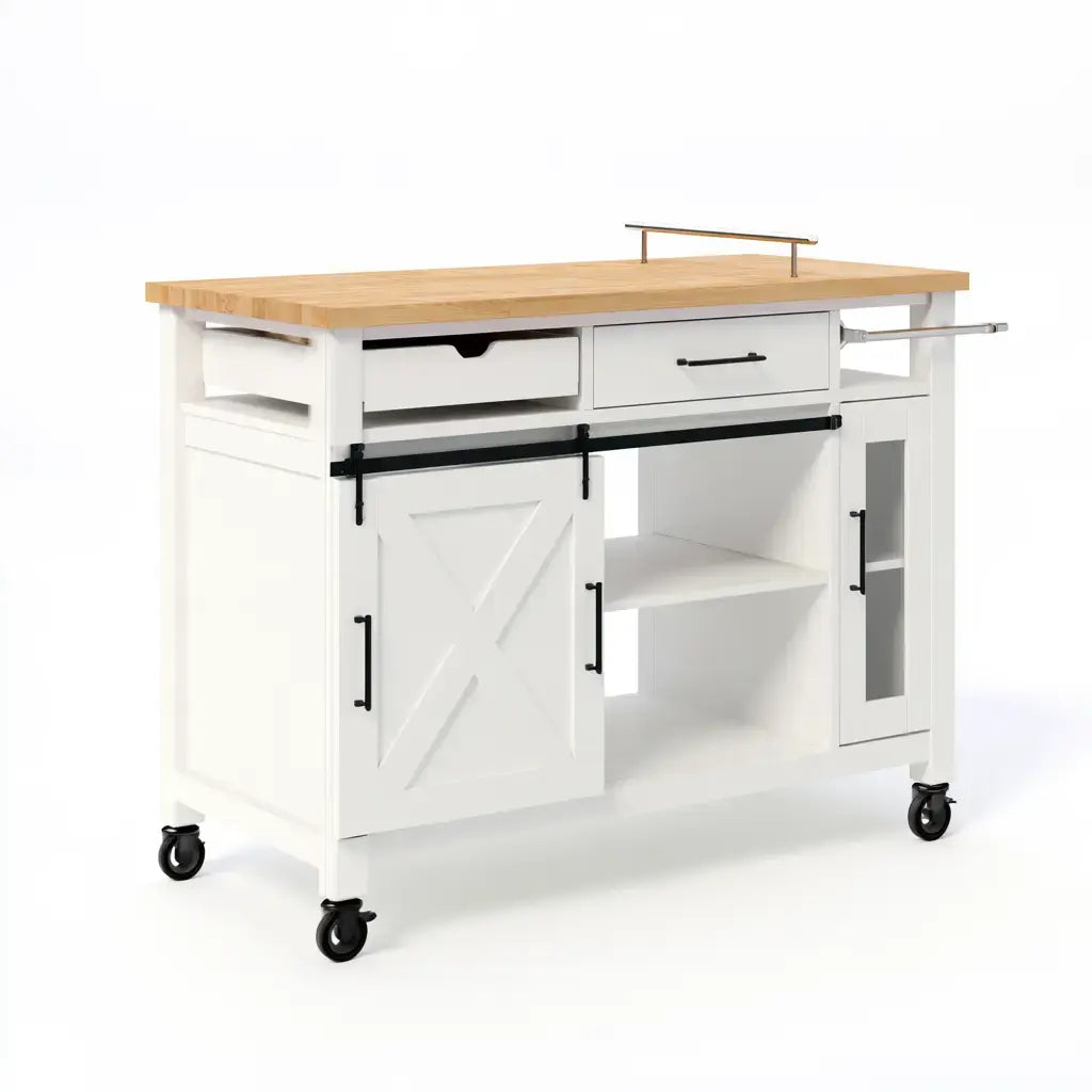 Isla de cocina con puerta corredera y cajones superiores - blanco/beige