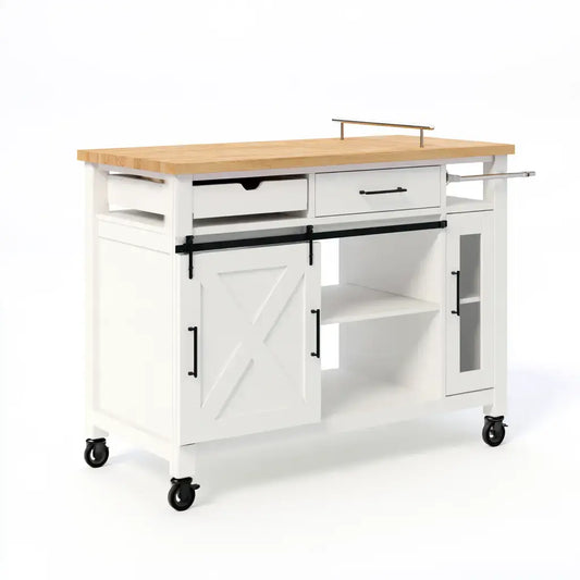 Isla de cocina con puerta corredera y cajones superiores - blanco/beige